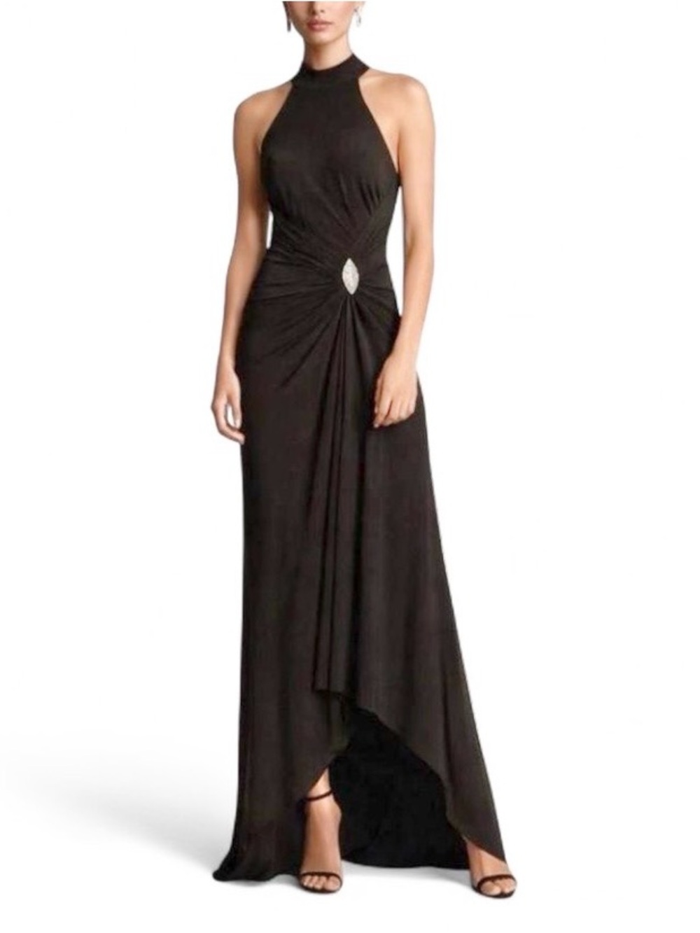 MARINA Black Halter Maxi Dress with Decorative Waist Accent